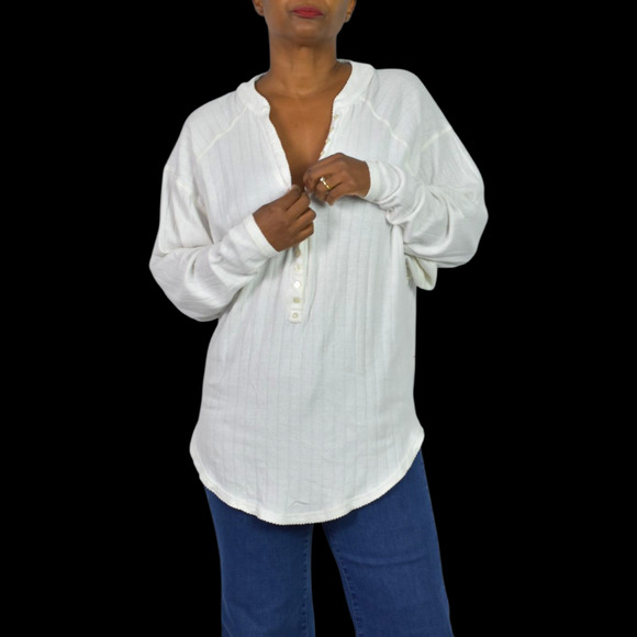 Free People Coffee Chat Pullover Top White Henley Pointelle Knit Oversize Medium - Picture 11 of 13